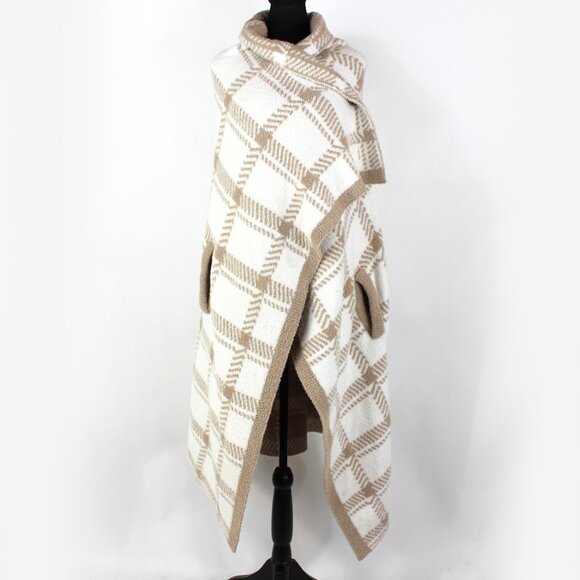 Barefoot Dreams Cozychic Wearable Blanket Ivory Tan Plaid Shawl Collar Wrap OS - Picture 2 of 7